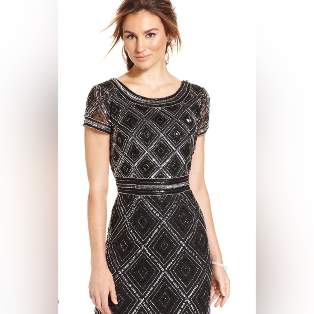 NWT Adrianna Papell Art Deco Diamond Beaded Evening Gown with Cap Sleeves - Picture 2 of 16
